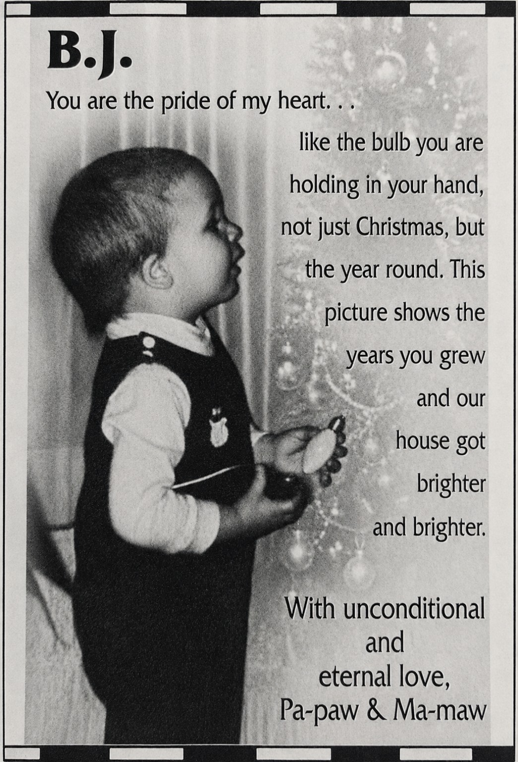 Childhood Christmas photo and message from Pa-paw and Ma-maw